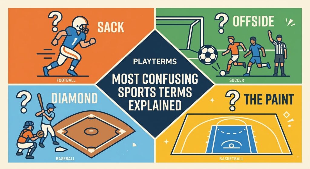 A graphic illustration divided into four colored sections, each with a question mark and a sports term. Top left (orange): a football player running, titled "SACK." Top right (green): soccer players near a goal, titled "OFFSIDE." Bottom left (light blue): baseball players on a field, titled "DIAMOND." Bottom right (yellow): a basketball court key, titled "THE PAINT." The center has a blue diamond with the text "PLAYTERMS MOST CONFUSING SPORTS TERMS EXPLAINED."