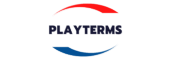 PlayTerms logo featuring bold navy blue text centered between a red upper swoosh and blue lower swoosh on a light gray background.