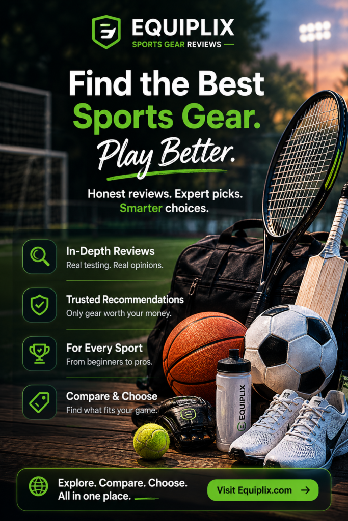 Equiplix sports gear reviews advertisement featuring running shoes, basketball, gym accessories, and a sports water bottle on a dark gym background with text