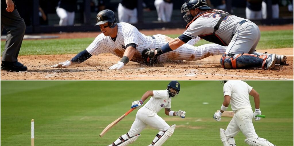 A split-screen comparison showing a baseball player sliding headfirst into home plate to score a run and a cricket batsman sprinting between wickets to earn a run.
